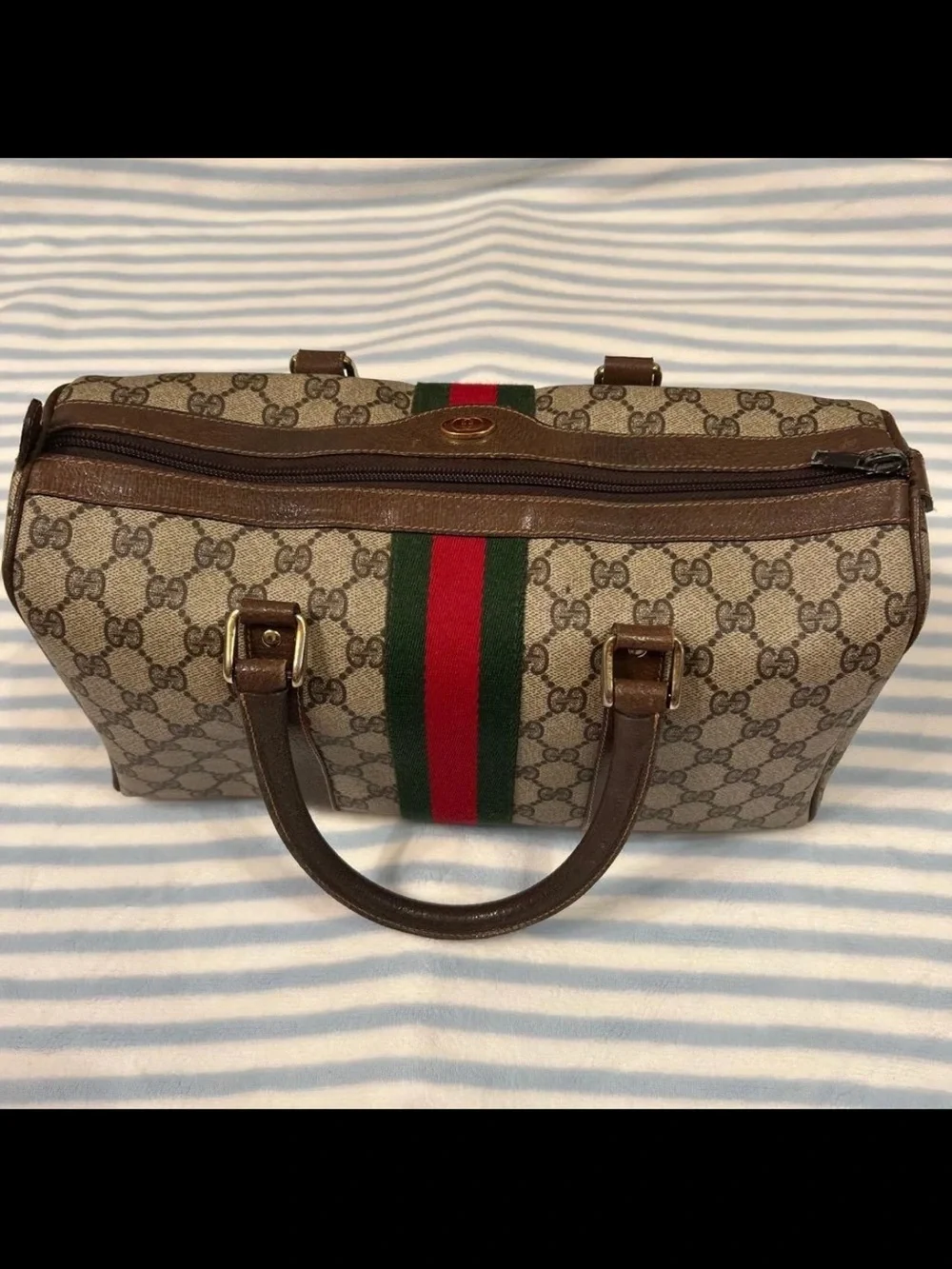 Gucci Beige GG Supreme Satchel with Green-Red Web Stripe